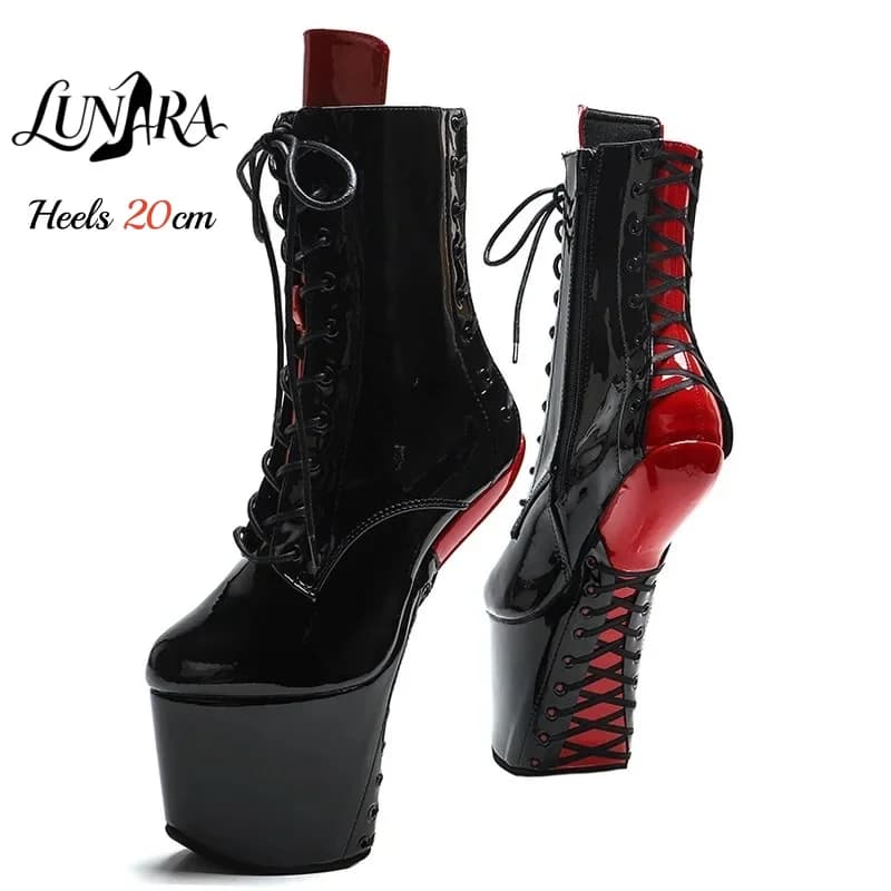 20cm/8Inch Black Red Patent Leather Lace-up Side Zipper Closed Toe Platform High Stiletto Ankle Boots Goth Pole Dance Rave Party