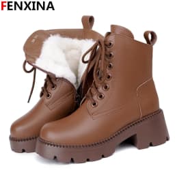 FENXINA 2027 New Narture Wool Warm Winter Boots Zipper Lace Up Platform Snow Boots Square Heels Ladies Real Leather Ankle Boots