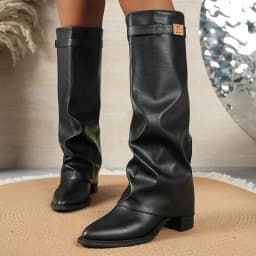 Black Pu Leather Knee High Boots Women 2026 Autumn Pointed Toe High Heel Long Boots Woman Plus Size 42 Female Gothic Booties