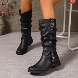 Vintage Slouchy Mid-Calf Boots for Women, Black Round-Toe Low-Heel Pleated Loose Boot Shaft, Non-Slip Flat Sole, Autumn and Winter Lazy Style, Western Biker Boots, Fashionable