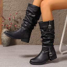 Vintage Slouchy Mid-Calf Boots for Women, Black Round-Toe Low-Heel Pleated Loose Boot Shaft, Non-Slip Flat Sole, Autumn and Winter Lazy Style, Western Biker Boots, Fashionable