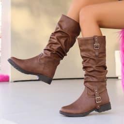 Vintage Slouchy Mid-Calf Boots for Women, Black Round-Toe Low-Heel Pleated Loose Boot Shaft, Non-Slip Flat Sole, Autumn and Winter Lazy Style, Western Biker Boots, Fashionable