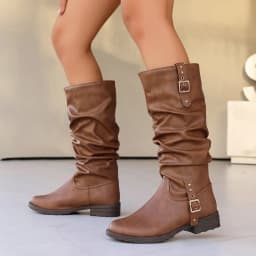 Vintage Slouchy Mid-Calf Boots for Women, Black Round-Toe Low-Heel Pleated Loose Boot Shaft, Non-Slip Flat Sole, Autumn and Winter Lazy Style, Western Biker Boots, Fashionable