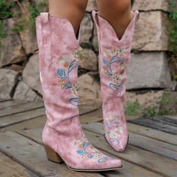 Vintage Flower Embroidered Long Cowboy Boots Women Western Country Pu Leather Knee High Boots Woman High Heel Cowgirl Shoes