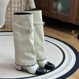 Xiaoxiangfeng Color Blocked Thick Heeled Pants Boots, Knee High Leg Knight Fashion Boots, High-Heeled Chain Boots