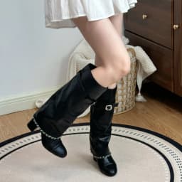 Xiaoxiangfeng Color Blocked Thick Heeled Pants Boots, Knee High Leg Knight Fashion Boots, High-Heeled Chain Boots