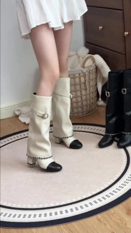 Xiaoxiangfeng Color Blocked Thick Heeled Pants Boots, Knee High Leg Knight Fashion Boots, High-Heeled Chain Boots