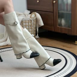 Xiaoxiangfeng Color Blocked Thick Heeled Pants Boots, Knee High Leg Knight Fashion Boots, High-Heeled Chain Boots
