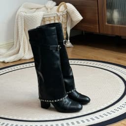 Xiaoxiangfeng Color Blocked Thick Heeled Pants Boots, Knee High Leg Knight Fashion Boots, High-Heeled Chain Boots