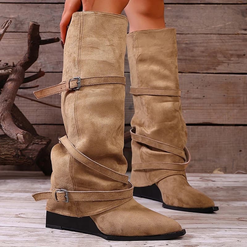 Khaki Faux Suede Western Boots Women 2026 Autumn Vintage Pointed Toe Knee High Boots Woman Plus Size 43 High Heel Cowboy Shoes
