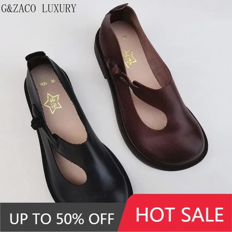 Spring summer leather loafers wide toe women's shoes cowhide retro ethnic genuine leather single shoes autumn flat shoes