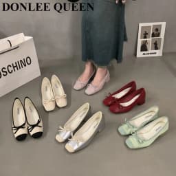 French Square Toe Bow Flats Shoes 2023 New Autumn Shallow Fairy All-match Gentle Office Dress Low Heels Pumps Female Ballerina