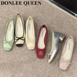 French Square Toe Bow Flats Shoes 2023 New Autumn Shallow Fairy All-match Gentle Office Dress Low Heels Pumps Female Ballerina
