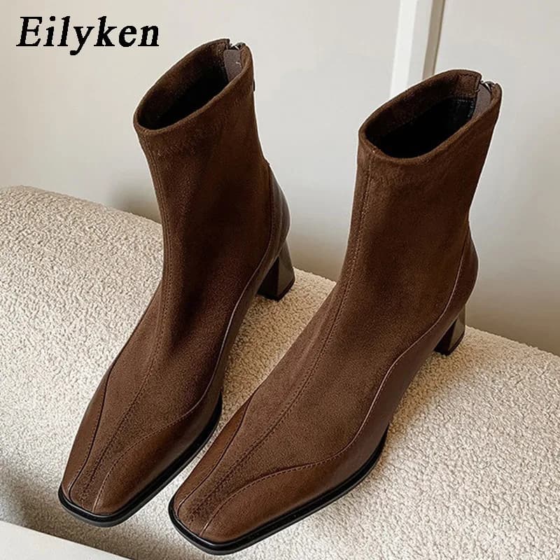 Eilyken Women Ankle Boots Designer Sewing Patchwork Square Toe Shoes Autumn Winter Zipper Thick Heels Botas Mujer