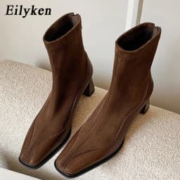 Eilyken Women Ankle Boots Designer Sewing Patchwork Square Toe Shoes Autumn Winter Zipper Thick Heels Botas Mujer