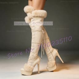 White Polka Dot Platform Thigh Boots With White Fur Women Sweet Round Toe Winter Snow Boots Thin High Heels Beige Suede Boots