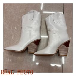 SIMLOVEYO Women Mid-Calf Boots Pointed Toe Thick Heel Cowboy Pull On Big size 34-48 US17 Yellow Red Autumn British