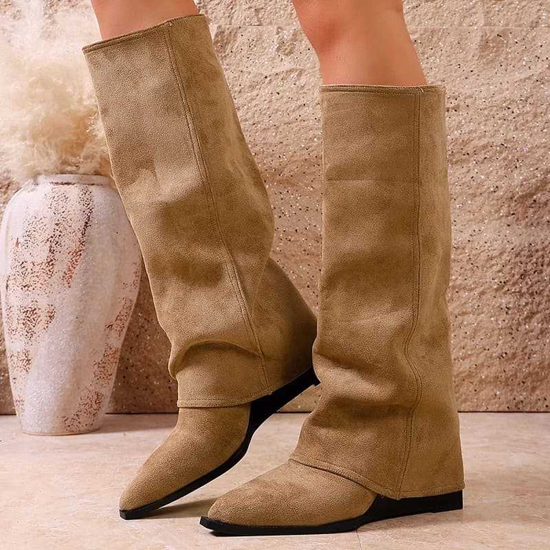 Fashion High Heel Knee High Boots Women 2026 Autumn Faux Suede Pointed Toe Western Boots Woman Plus Size 43 Khaki Long Booties