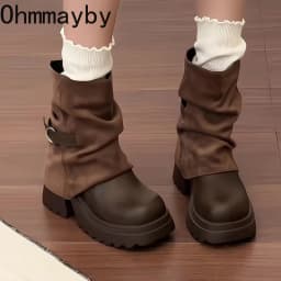 New Platform Thick Heel Women Ankle Boots Metal Buckle Decor Height Increase Shoes Autumn Winter Vintage Short Botas Mujer