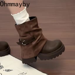 New Platform Thick Heel Women Ankle Boots Metal Buckle Decor Height Increase Shoes Autumn Winter Vintage Short Botas Mujer