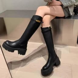 Women Knee High Boots Buckle Strap Chunky Platform Long Boots Autumn Winter Round Toe Side Zip Riding Knight Boots Shoes