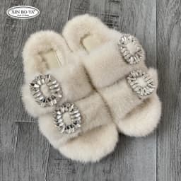 Mink Slippers Women's Summer Sandals 2026 Woman Slippers Sandals Fashion Shoes for Woman Comfort Women's Mules Fuzzy Fur Slides