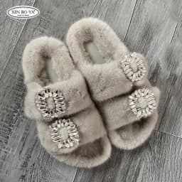 Mink Slippers Women's Summer Sandals 2026 Woman Slippers Sandals Fashion Shoes for Woman Comfort Women's Mules Fuzzy Fur Slides