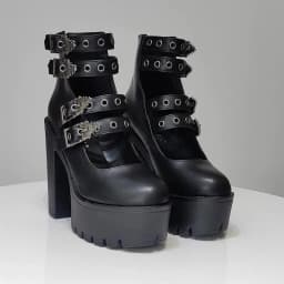 Gdgydh Goth Style Women Block Heels for Halloween Fashion Buckle Strap Dress Pumps Platform Mary Jane Shoes Stylish Back Zipper