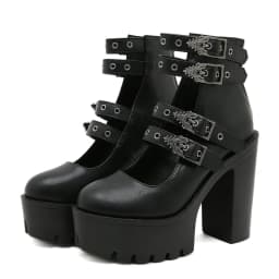Gdgydh Goth Style Women Block Heels for Halloween Fashion Buckle Strap Dress Pumps Platform Mary Jane Shoes Stylish Back Zipper