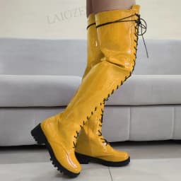 LAIGZEM Women Over Knee Boots Shiny Side Zip Round Toe Mid Heels Boots Tall Unisex Ladies Shoes Woman Big Size 33 42 44
