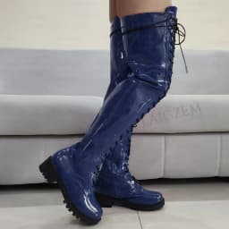 LAIGZEM Women Over Knee Boots Shiny Side Zip Round Toe Mid Heels Boots Tall Unisex Ladies Shoes Woman Big Size 33 42 44
