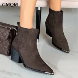 GMQM 2025 New Solid Color Western Boots Women Cowboy Booties Ankle Block Heels Wide Calf Pointed Toe Slip On Casual Brown Shoes