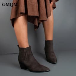 GMQM 2025 New Solid Color Western Boots Women Cowboy Booties Ankle Block Heels Wide Calf Pointed Toe Slip On Casual Brown Shoes