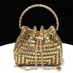Shiny Gold Rhinestone Shoe & Bucket Bag Set | Pointed Crystal Heels, Womens Lux Wedding Eve Bridal Formal Prom Match Purse Kits