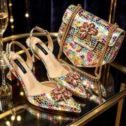 Venus Chan Elegant Rhinestone Heels & Matching Bag Set, Colorful Print Pointed Toe Block Heels for Banquet Club Night