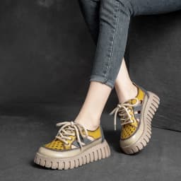 Careaymade-Genuine leather Thick Bottom boots Women's Summer Color Matching Lace Up Muffin Bottom Casual Hollow Out Single Shoes