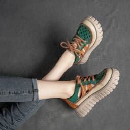 Careaymade-Genuine leather Thick Bottom boots Women's Summer Color Matching Lace Up Muffin Bottom Casual Hollow Out Single Shoes