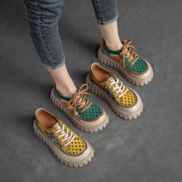Careaymade-Genuine leather Thick Bottom boots Women's Summer Color Matching Lace Up Muffin Bottom Casual Hollow Out Single Shoes