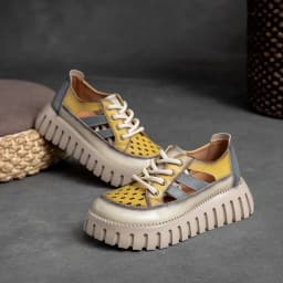 Careaymade-Genuine leather Thick Bottom boots Women's Summer Color Matching Lace Up Muffin Bottom Casual Hollow Out Single Shoes