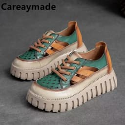 Careaymade-Genuine leather Thick Bottom boots Women's Summer Color Matching Lace Up Muffin Bottom Casual Hollow Out Single Shoes