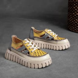 Careaymade-Genuine leather Thick Bottom boots Women's Summer Color Matching Lace Up Muffin Bottom Casual Hollow Out Single Shoes