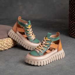 Careaymade-Genuine leather Thick Bottom boots Women's Summer Color Matching Lace Up Muffin Bottom Casual Hollow Out Single Shoes
