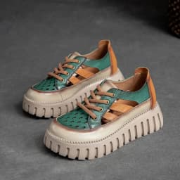 Careaymade-Genuine leather Thick Bottom boots Women's Summer Color Matching Lace Up Muffin Bottom Casual Hollow Out Single Shoes