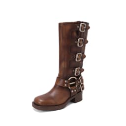 ArdenFurtado Metal Buckle Square Toe Knee High Boots Genuine Leather Brown Punk Long Boots Woman Chunky Heels Motorcycle Booties