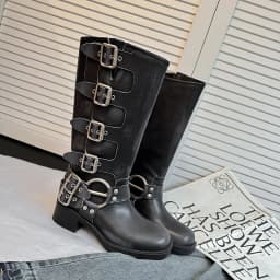 ArdenFurtado Metal Buckle Square Toe Knee High Boots Genuine Leather Brown Punk Long Boots Woman Chunky Heels Motorcycle Booties