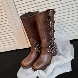 ArdenFurtado Metal Buckle Square Toe Knee High Boots Genuine Leather Brown Punk Long Boots Woman Chunky Heels Motorcycle Booties