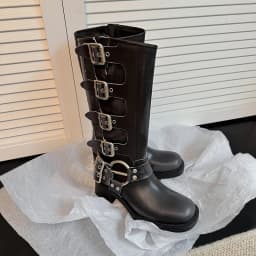 ArdenFurtado Metal Buckle Square Toe Knee High Boots Genuine Leather Brown Punk Long Boots Woman Chunky Heels Motorcycle Booties