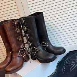 ArdenFurtado Metal Buckle Square Toe Knee High Boots Genuine Leather Brown Punk Long Boots Woman Chunky Heels Motorcycle Booties