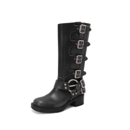 ArdenFurtado Metal Buckle Square Toe Knee High Boots Genuine Leather Brown Punk Long Boots Woman Chunky Heels Motorcycle Booties