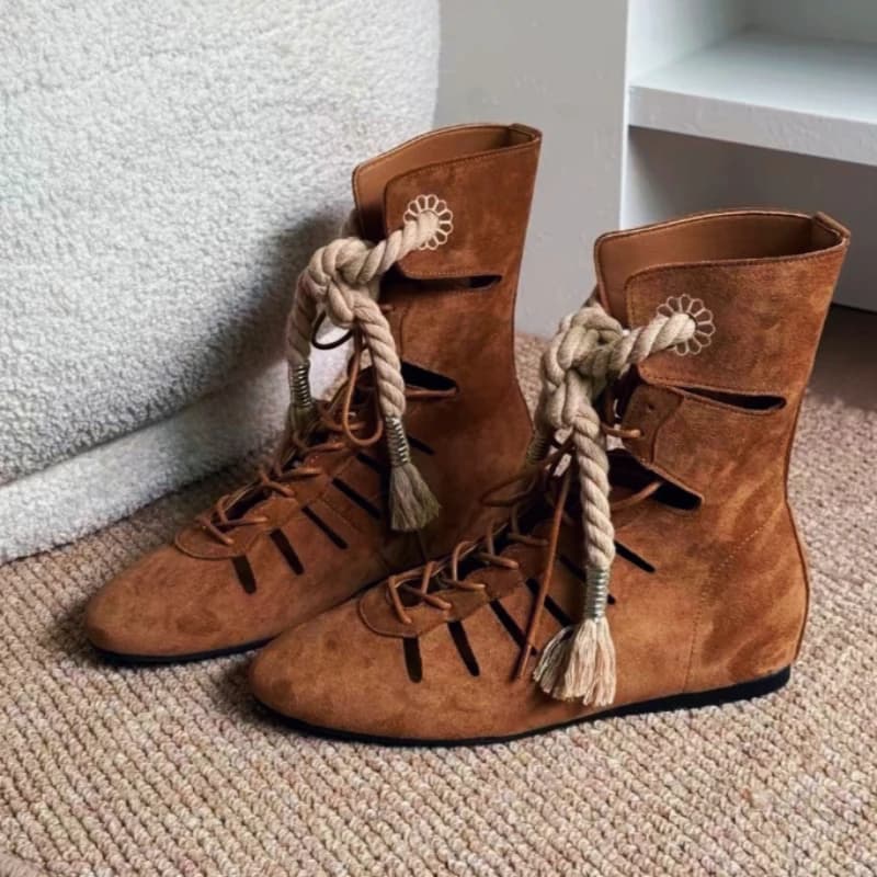 New Niche Vintage Brown Ankle Boots for Women Hollow Out Cross Strap Roman Sandals Hidden Insole Height Enhancing Summer Boots